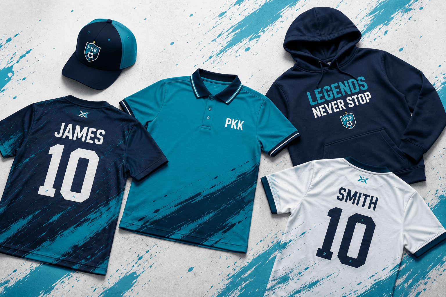 PrintKidKit custom youth sports gear collection - personalized jerseys, polos, hoodies and caps with names and numbers